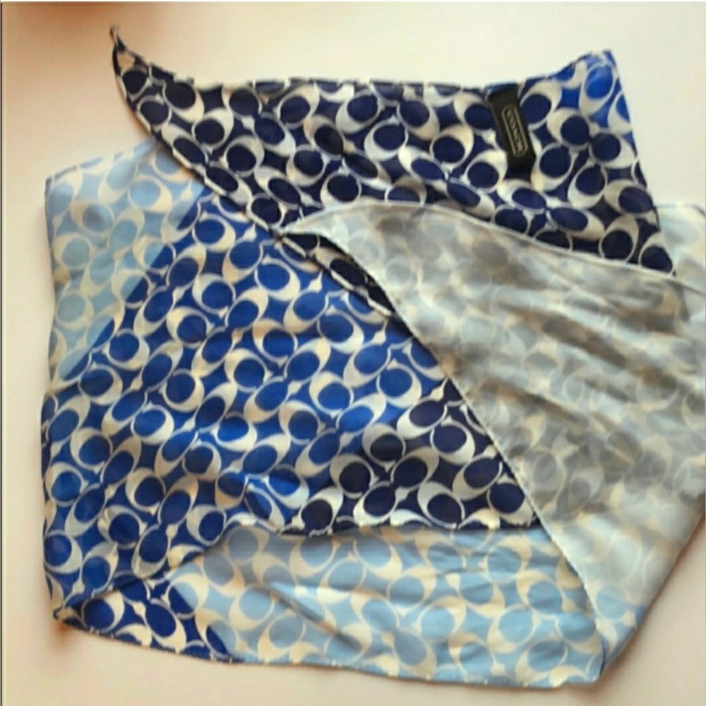COACH monogram Signature Silk Logo Blue White Scarf Wrap Tie